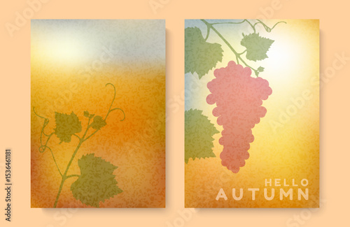 Grapes in the sun, harvest, wine. Gradient background in autumn tones. Vertical vector orange yellow template.