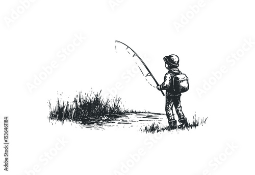 Young caucasian male child fishing by a pond in nature scene. Vector retro hand drawn illustration
