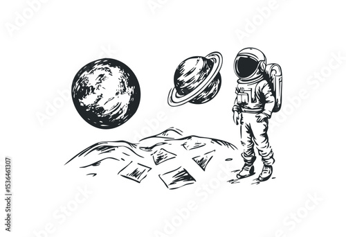 Astronaut exploring alien planet with two moons in surreal landscape. Vector retro hand drawn illustration