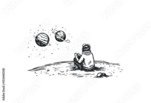 Young child gazing at planets in space illustration. Vector retro hand drawn illustration