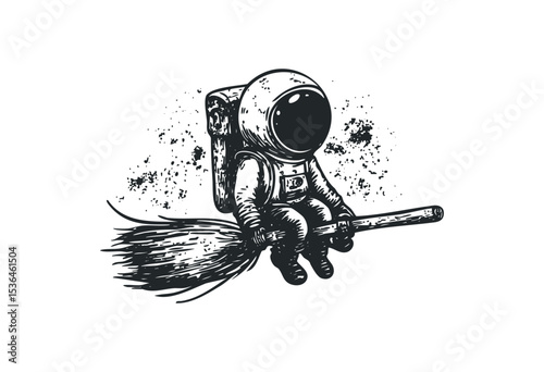 Astronaut riding a broomstick: whimsical space adventure. Vector retro hand drawn illustration