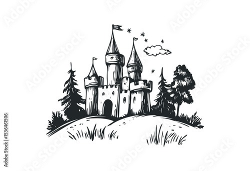 Whimsical castle with towers and flags amidst trees and stars. Vector retro hand drawn illustration