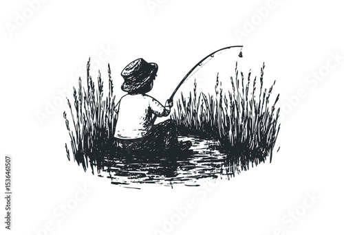 Young child fishing in pond illustration with fishing rod and hat. Vector retro hand drawn illustration