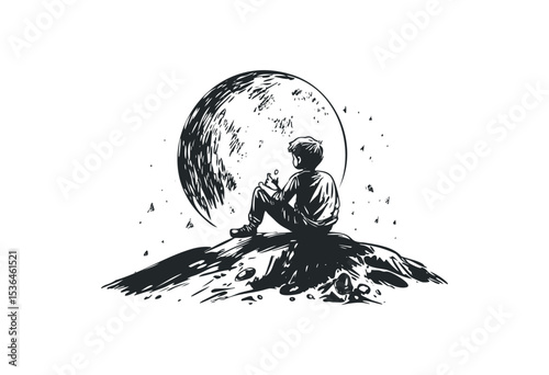 Silhouette of young boy sitting on hilltop gazing at moon in night sky. Vector retro hand drawn illustration