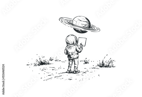 Young astronaut child observing saturn with tablet. Vector retro hand drawn illustration