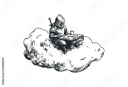 Medieval knight sitting on a cloud reading a map in monochrome art. Vector retro hand drawn illustration