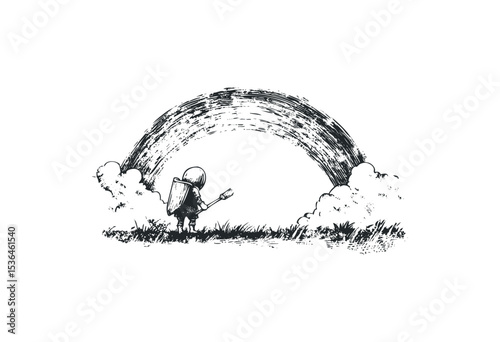 Young adventurer with sword gazes at rainbow in pen and ink art style. Vector retro hand drawn illustration