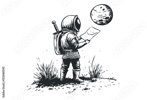 Astronaut knight with map and sword gazing at moon. Vector retro hand drawn illustration
