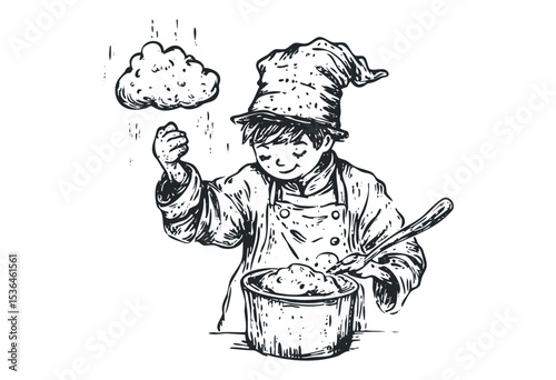 Young caucasian chef boy preparing dough with enthusiasm in kitchen sketch. Vector retro hand drawn illustration