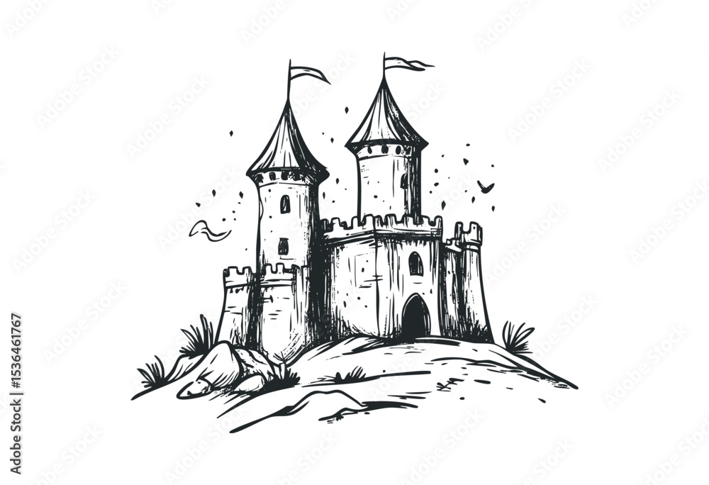 Obraz premium Medieval castle with towers and flags in hand-drawn style. Vector retro hand drawn illustration