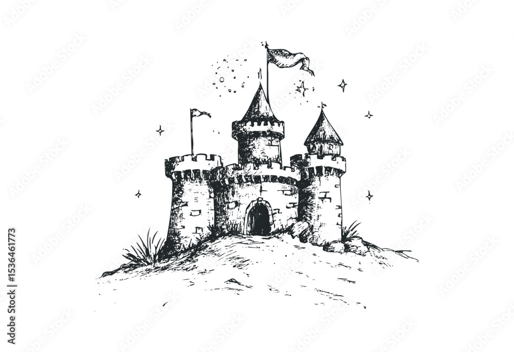 Fototapeta premium Sketch of a medieval fortress with flags and stars. Vector retro hand drawn illustration
