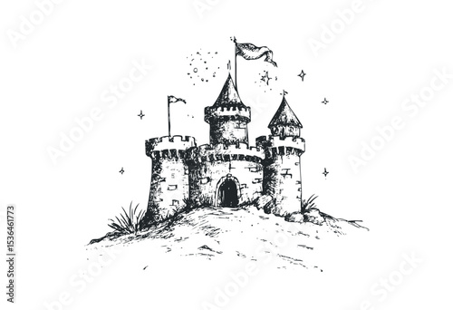 Sketch of a medieval fortress with flags and stars. Vector retro hand drawn illustration