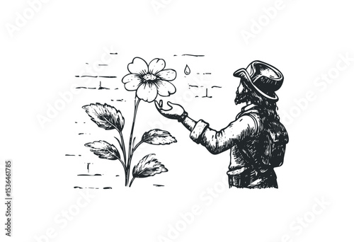 Young caucasian male watering flower wearing hat in engraved style. Vector retro hand drawn illustration