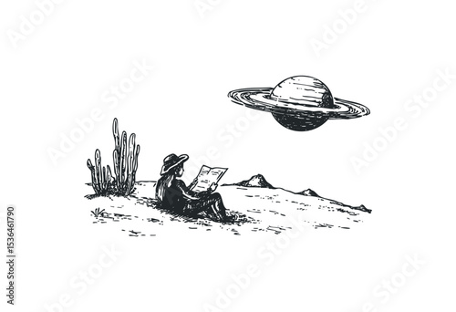 Young adult reading in desert with saturn above. Vector retro hand drawn illustration