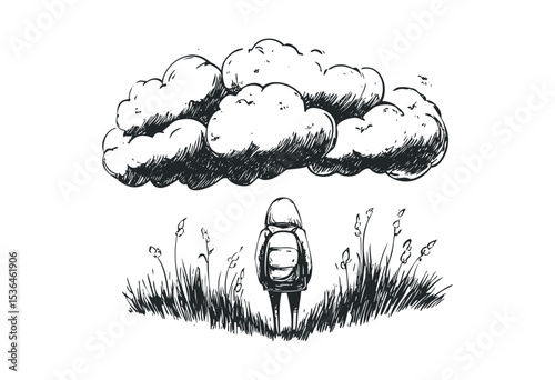 Child with backpack under dramatic cloud sketch in nature. Vector retro hand drawn illustration