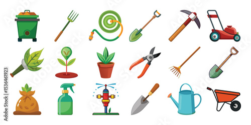 Gardening tools and plants icons set isolated on white background