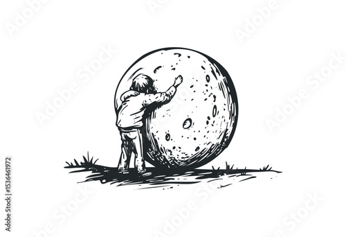 Child embracing giant moon with curiosity and wonder. Vector retro hand drawn illustration