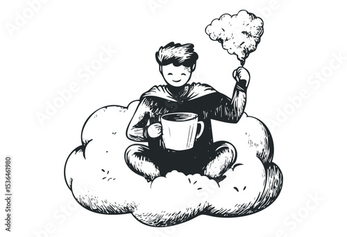 Young male sitting on cloud with beverage and cotton candy. Vector retro hand drawn illustration