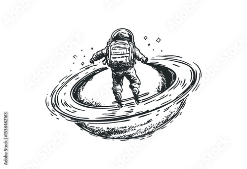 Sketch of astronaut riding a saturn-like planet in space adventure. Vector retro hand drawn illustration