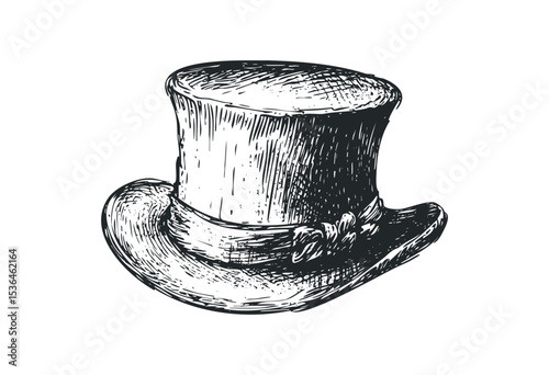 Vintage top hat sketch with ribbon detailing in black ink style. Vector retro hand drawn illustration