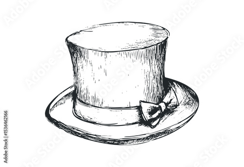 Vintage top hat with bow sketch illustration. Vector retro hand drawn illustration
