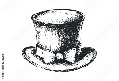 Vintage top hat with bow tie sketch in classic style. Vector retro hand drawn illustration