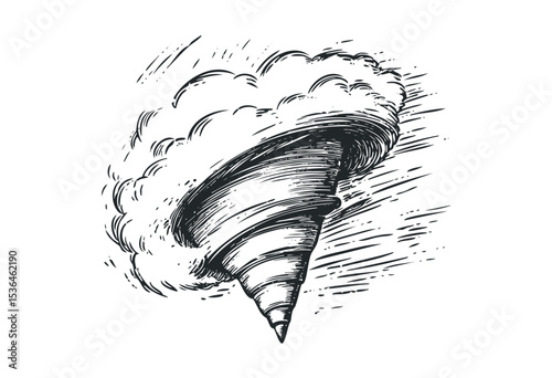 Hand-drawn tornado illustration with rotating clouds and spiral structure. Vector retro hand drawn illustration