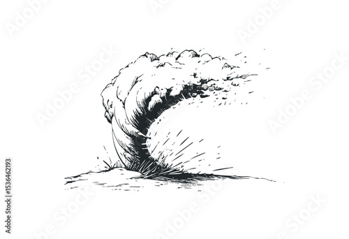 Dynamic sketch of a massive ocean wave in motion. Vector retro hand drawn illustration