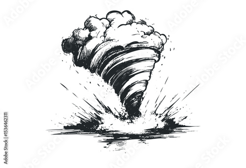 Dramatic tornado illustration with explosive detailing. Vector retro hand drawn illustration