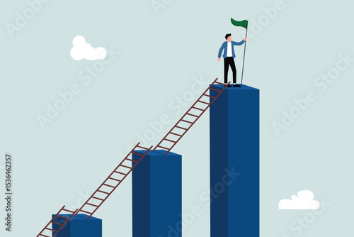 Steps to grow a business, journey, career path concept, entrepreneur climbs the ladder step by step on a chart to achieve goals.