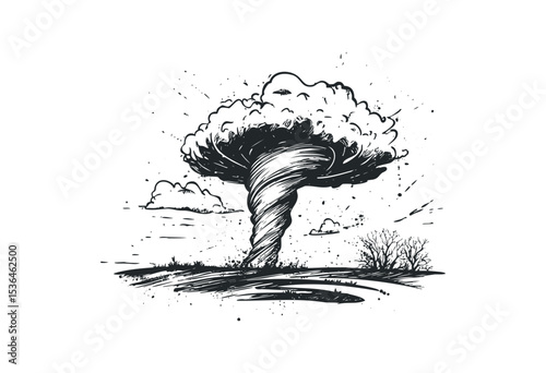 Black and white tornado illustration with cloud and tree silhouette. Vector retro hand drawn illustration