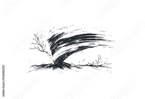 Abstract tornado swirl with tree illustration in black and white. Vector retro hand drawn illustration