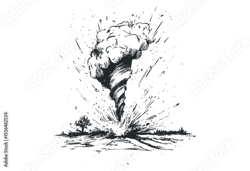 Dynamic tornado sketch capturing intense energy and motion in nature. Vector retro hand drawn illustration