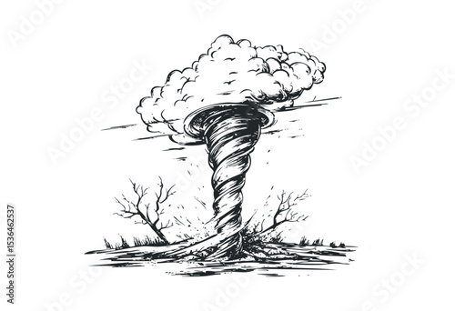 Powerful tornado twisting with debris in black and white sketch. Vector retro hand drawn illustration