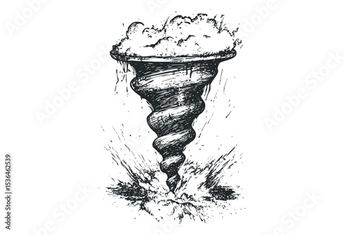 Vintage tornado sketch: dynamic swirling black and white illustration. Vector retro hand drawn illustration