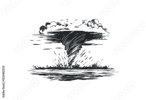 Dramatic tornado sketch with debris and clouds in monochrome. Vector retro hand drawn illustration