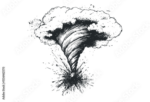Hand-drawn tornado swirling from exploding ground in dynamic sketch. Vector retro hand drawn illustration