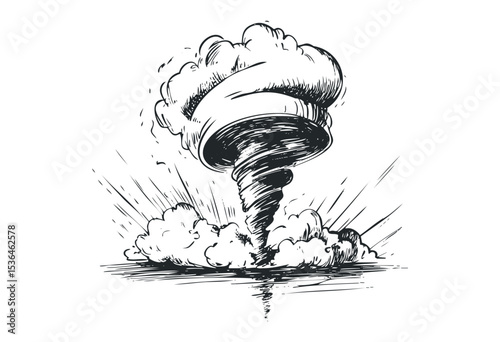 Tornado sketch illustration with swirling clouds and wind. Vector retro hand drawn illustration