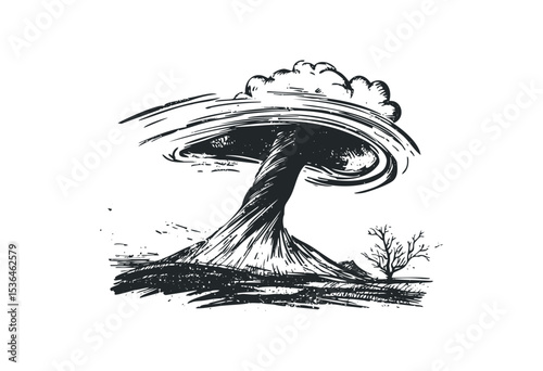 Vintage explosion sketch depicting powerful cloud formation and tree. Vector retro hand drawn illustration