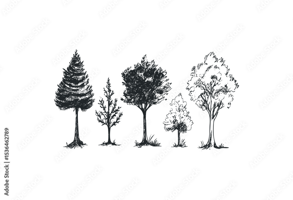 Fototapeta premium Sketch of diverse tree types: pine oak maple cedar birch. Vector retro hand drawn illustration