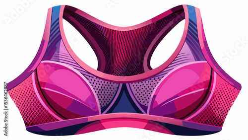 Stylish pink sport bra close-up, with breathable mesh panels. Feminine yet functional. The white background enhances the youthful and sporty vibe, ideal for vector fashion illustrations.