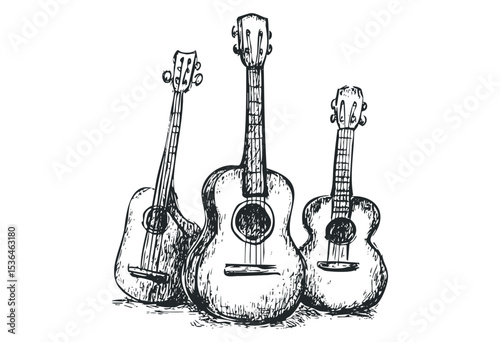 Hand-drawn acoustic guitars sketch featuring three styles and sizes. Vector retro hand drawn illustration