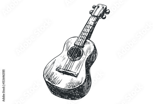 Hand-drawn ukulele sketch depicting detailed acoustic string instrument. Vector retro hand drawn illustration