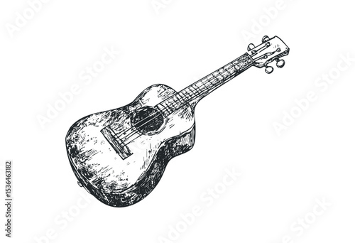 Detailed sketch of a ukulele with visible strings and tuners in a side view. Vector retro hand drawn illustration