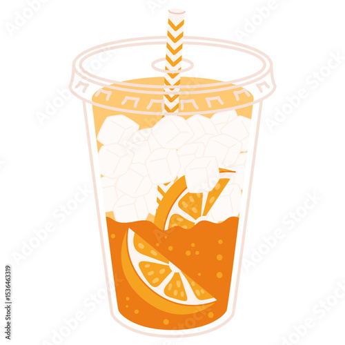 Iced orange soda with fruit slice and striped straw in plastic cup isolated