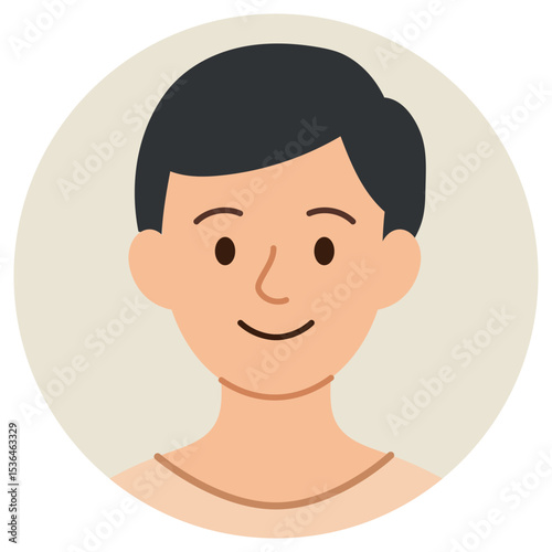 Cartoon avatar of smiling young man with short dark hair isolated on pastel background