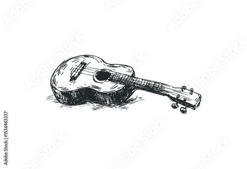 Hand-drawn acoustic guitar sketch with detailed strings and body. Vector retro hand drawn illustration