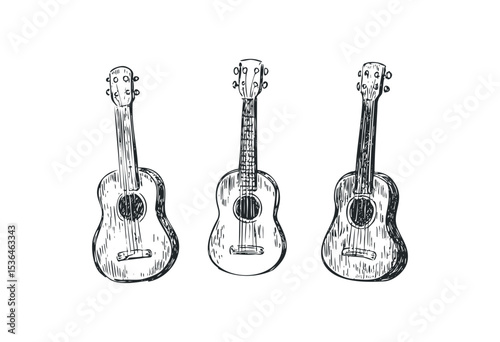 Hand-drawn sketch of three acoustic guitars in a classic trio arrangement. Vector retro hand drawn illustration