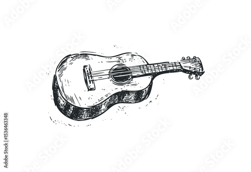 Hand-drawn acoustic guitar sketch - artistic black and white illustration. Vector retro hand drawn illustration