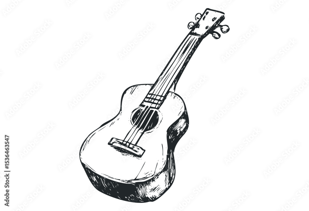 Naklejka premium Sketch of a classic acoustic guitar with detailed strings and frets. Vector retro hand drawn illustration